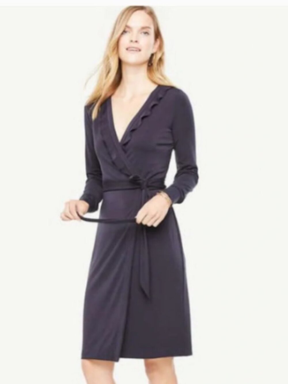 Ann Taylor Ruffled Navy Wrap Dress with Ruffle Trim 10